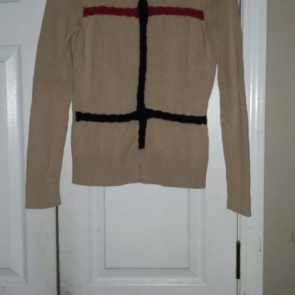 Tommy Hilfiger tan turtleneck with red and black stripe Sz S - Picture 2 of 4